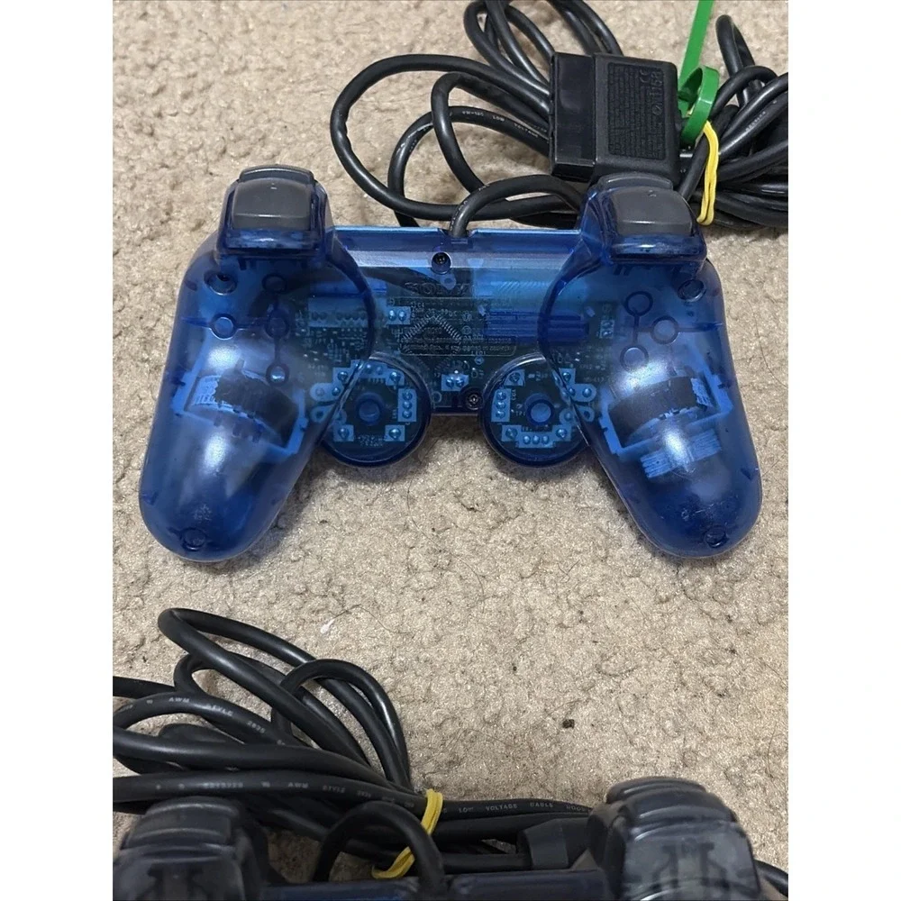 Lot Of 3 Sony Ps2 Controllers Clear Smoke Transparent Blue And Original Black